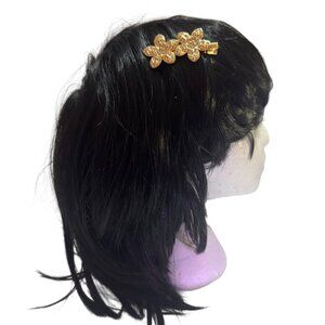 Goldtone Floral Crystal Hair Clip - Rhinestone Double Flower Design Womens NEW